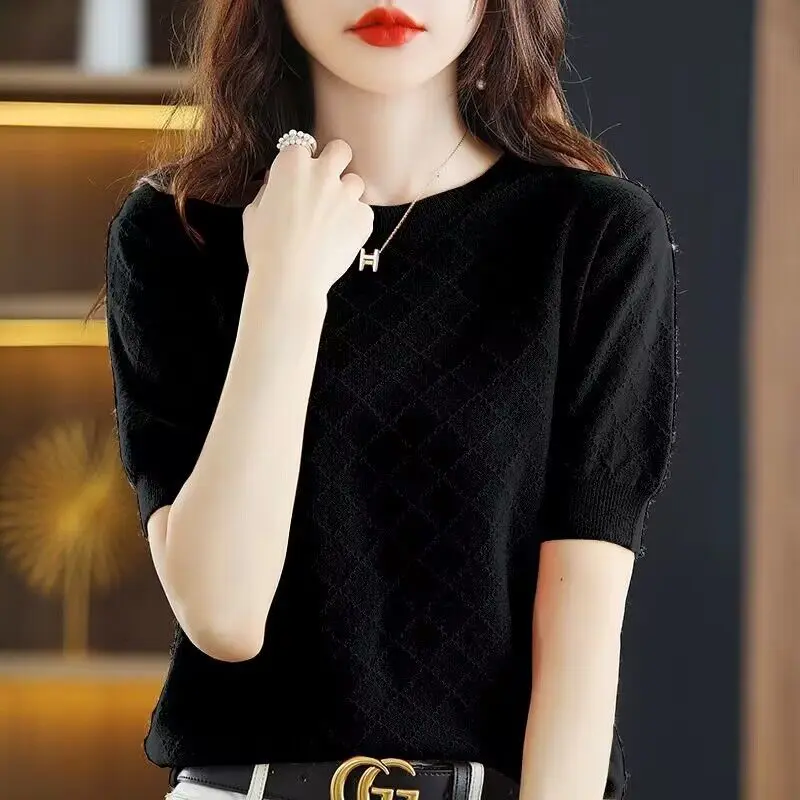 Women's Korean Fashion Simple Sweet Short Sleeve Soft Elegant Knitwear Summer Female Casual Solid Round Neck Slim Pullover Tops