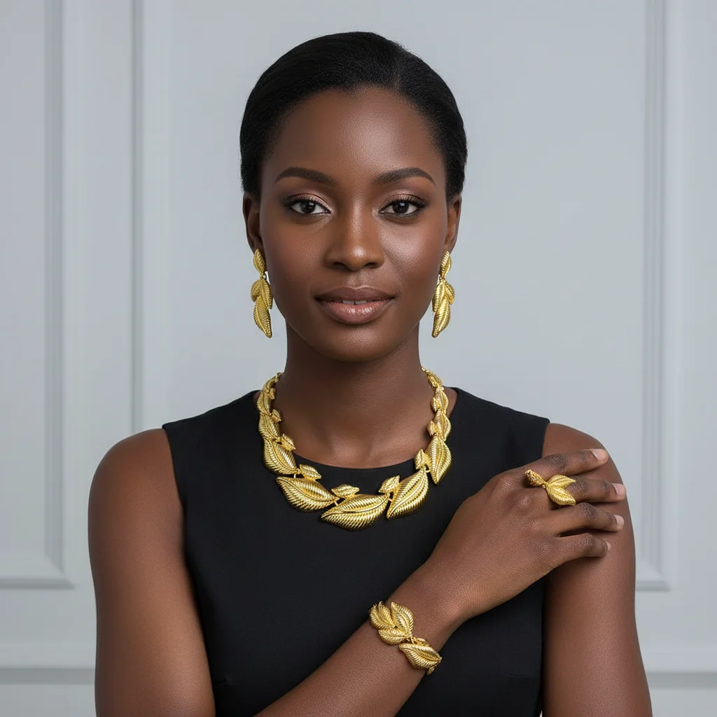 ESALE African Gold Color Big Jewelry Set Classic Leafs Design Choker Necklace Earring Ring Set Two Tone Wedding Party Gift 2025