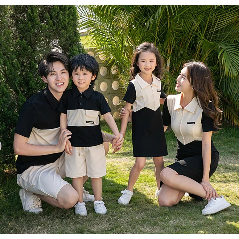 2024 Summer Matching Family Clothes Parent-child Outfit Mom and Daughter Dress Korean Dad and Son Tops + Shorts Two Piece Sets