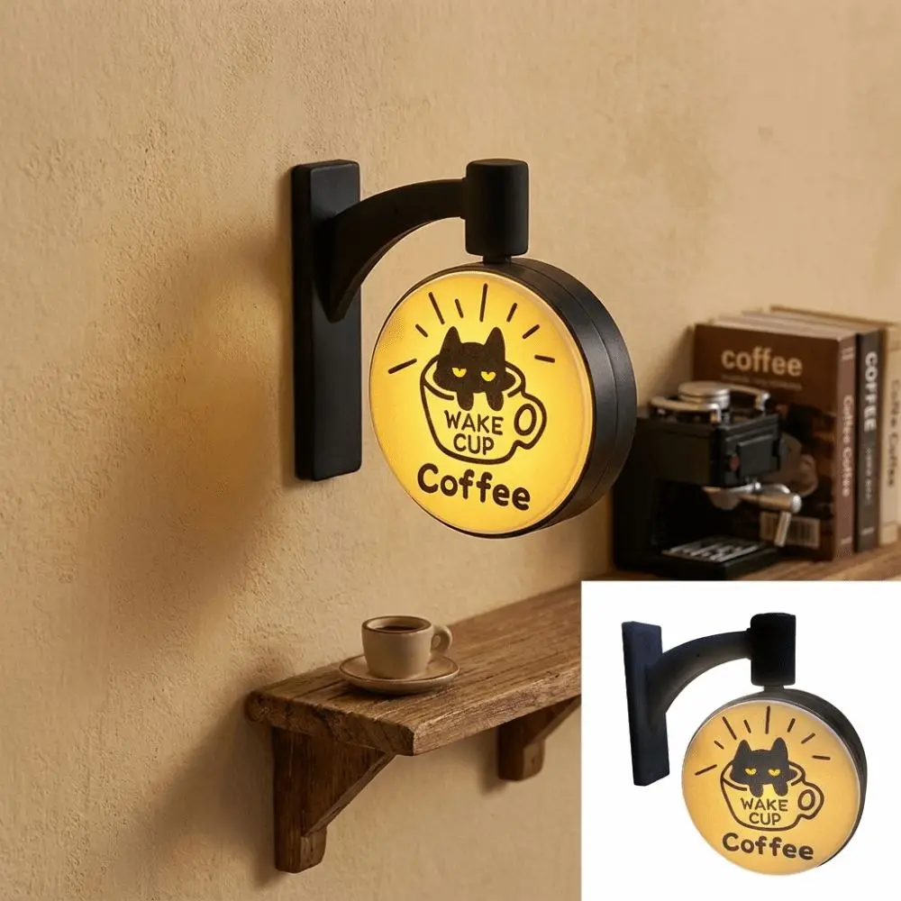Rotatable Cat Fridge Magnet Round Light Up Light Sign Cat Coffee Theme Creative Cat Coffee Light Sign Refrigerator Decoration