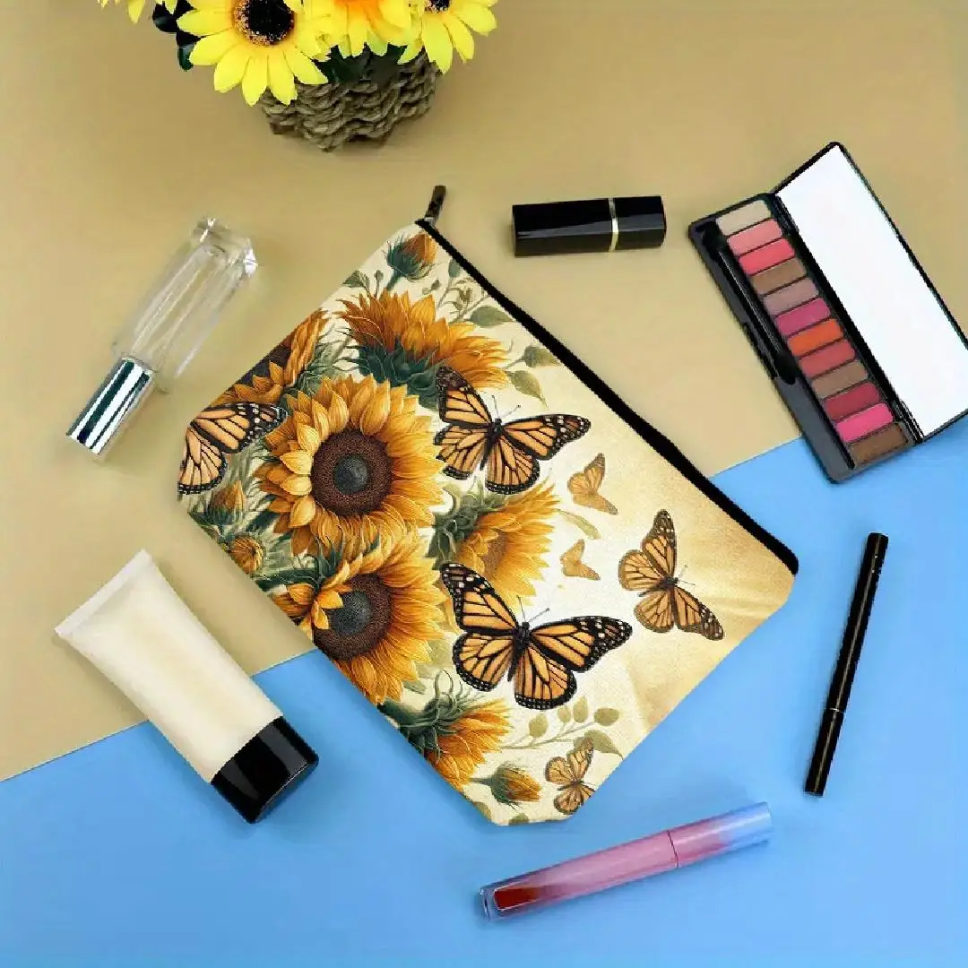 Un sac de maquillage tournesol et papillon – joli sac multifonctionnel à fermeture éclair pour femmes, sac de rangement de bijoux