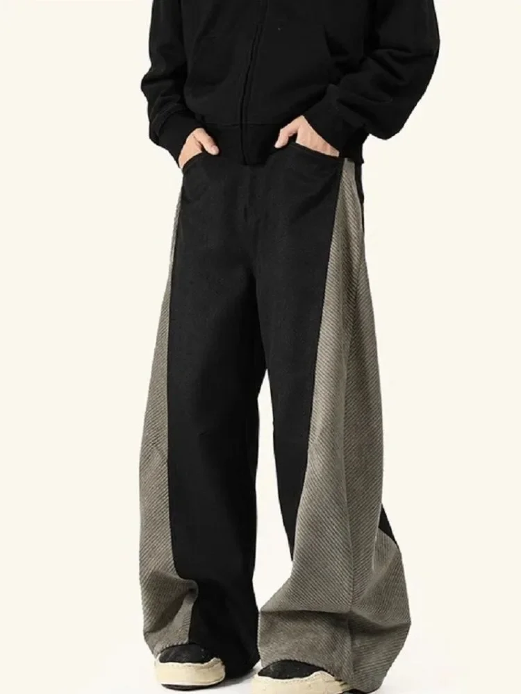 

2025 весенне-осенние плетеные мужские джинсы в стиле пэчворк контрастного цвета, повседневные свободные прямые широкие мужские джинсовые брюки, шикарные