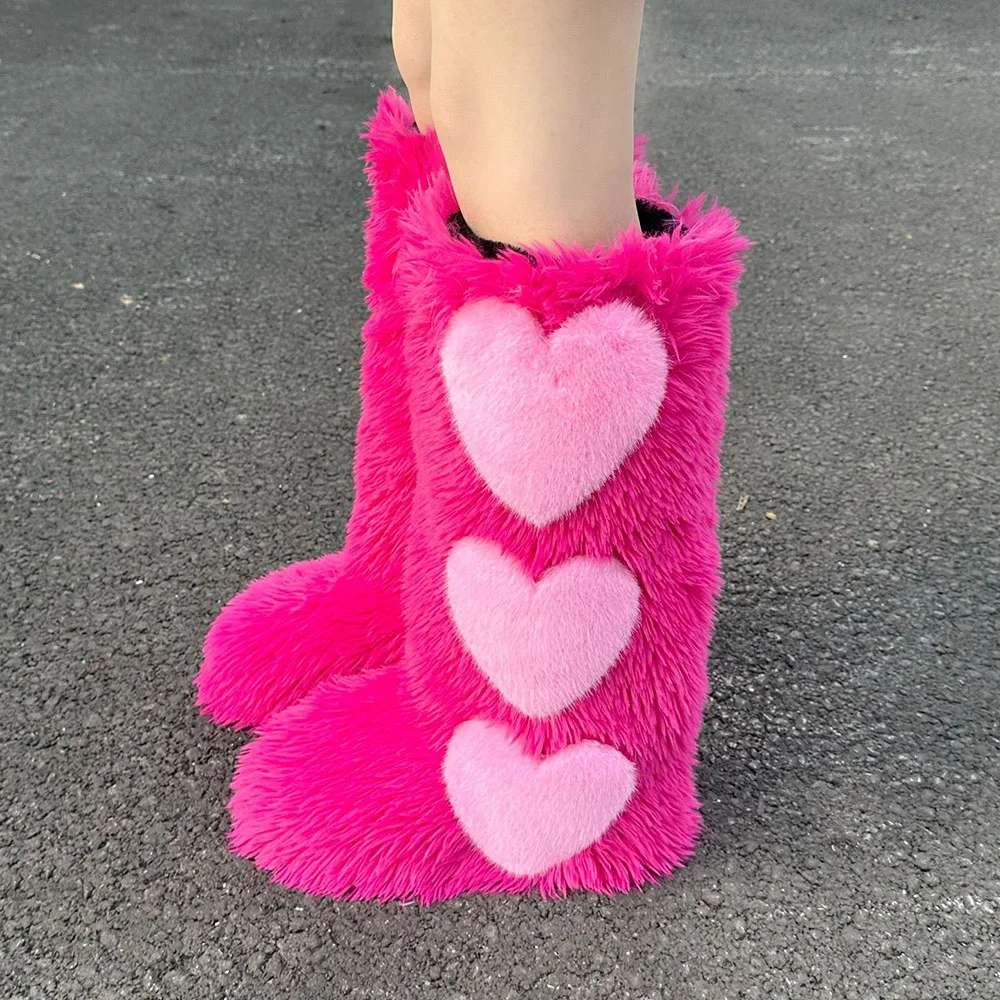 Brand New Fashion Y2k Round Toe Flat Faux-Fox Fur Ladies Snow Boots 2024 Big size 44 Cute Heart Winter Warm Fur Shoes For Woman