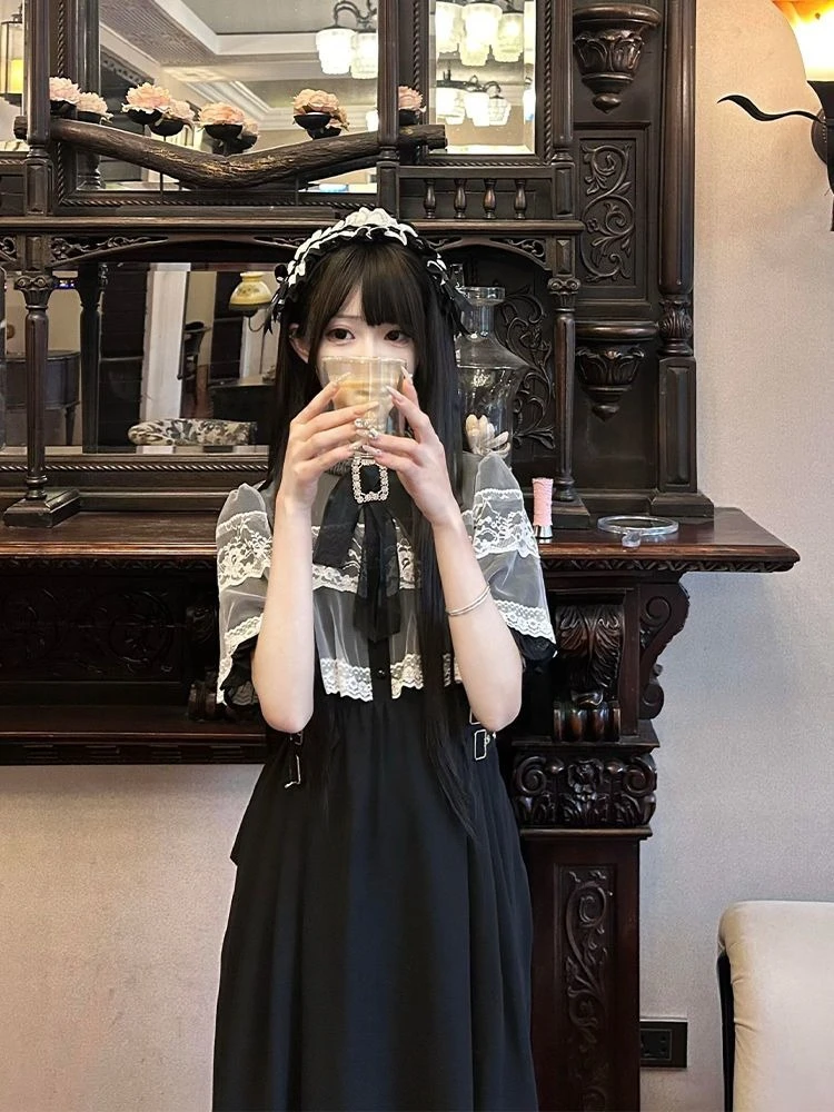 Summer Fashion Sweet Bow Stand Collar Vestidos Mujer Y2k Lace Short Sleeve Dress for Women New High Waist Dresses Chic - Image 6