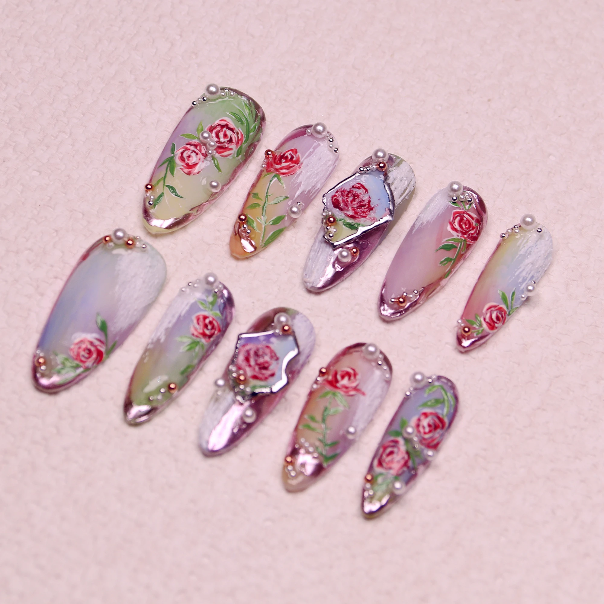 10Pcs 3D Handmade  press on nails Fairy Tale Flower Long Almond Press On Nails Bow Dreamy Nails Y2K  with Adhesive Nail File Set