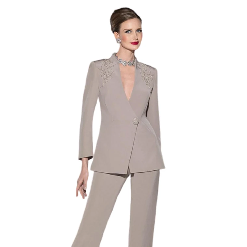 Traje de pantalón personalizado para madre de la novia, apliques de encaje color topo, traje de pantalón de noche Formal elegante, traje de boda con cuello en V adornado