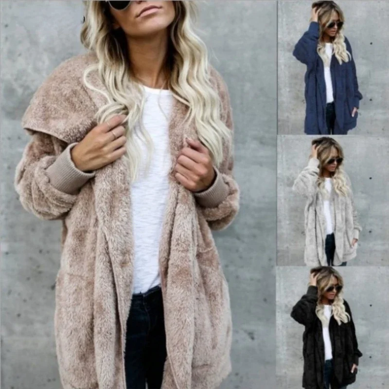 Faux Bontjas Vrouwen 2022 Herfst Winter Warm Soft Lange Fur Jacket Uitloper Pluche Overjas Pocket Toetsenloze Vest Met Kap