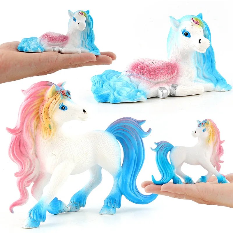 Kids Cartoon Unicorn Rainbow Horse Model Funny Cute Cake Ornament Girls Lovely Pegasus Desktop Decoration Ornament Birthday Gift