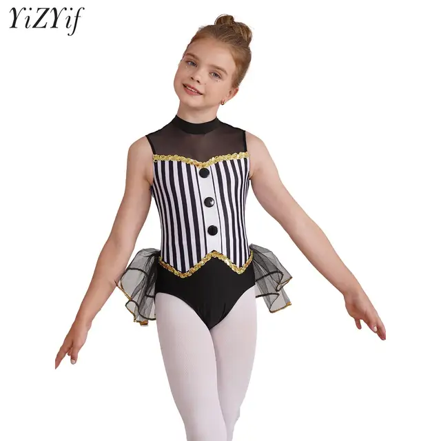 Leotardo gimnástico para niñas, traje de baile de Ballet, leotardo a rayas con espalda abierta, mono con falda de tul, vestidos de actuación de bailarina