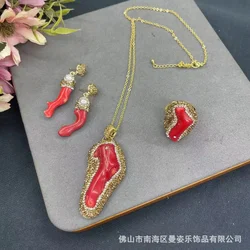 New red branch inlaid with natural baroque amorphous three-piece jewelry set natural stone factory direct sales