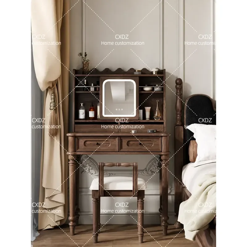 Retro Solid Wood Makeup Table with Lamp and Mirror Dresser for Bedroom Bedside Corner Retractable Small Vanity Desk
