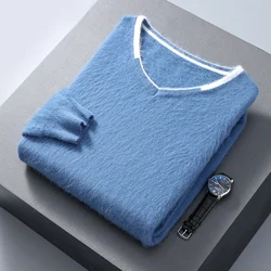 Autumn and Winter Mink Cashmere Sweater Men's Sweater V-Neck Pullover Knit Long Sleeve Colored Casual Loose Large Size Warm Tops