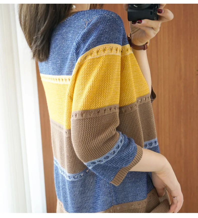 Women Sweater 3/4 Sleeve Korean Fashion Striped Pullover Summer Spring Thin Hollow Out Loose 2026 Female Clothing