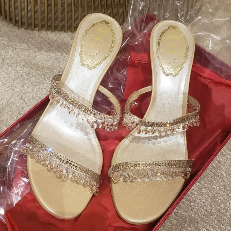 2025 Summer New Sexy Women Sandals Thin Heel Rhinestone High Heels Open Toe Backless Slippers Fairy Style image 3
