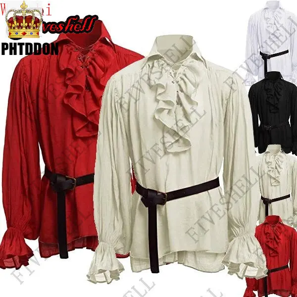 Weihnachten Herren mittelalter liche Hemden Dichter Renaissance Cosplay Kostüm Wikinger Piraten Kapitän schnüren Rüschen Tops Sand kragen Shirt