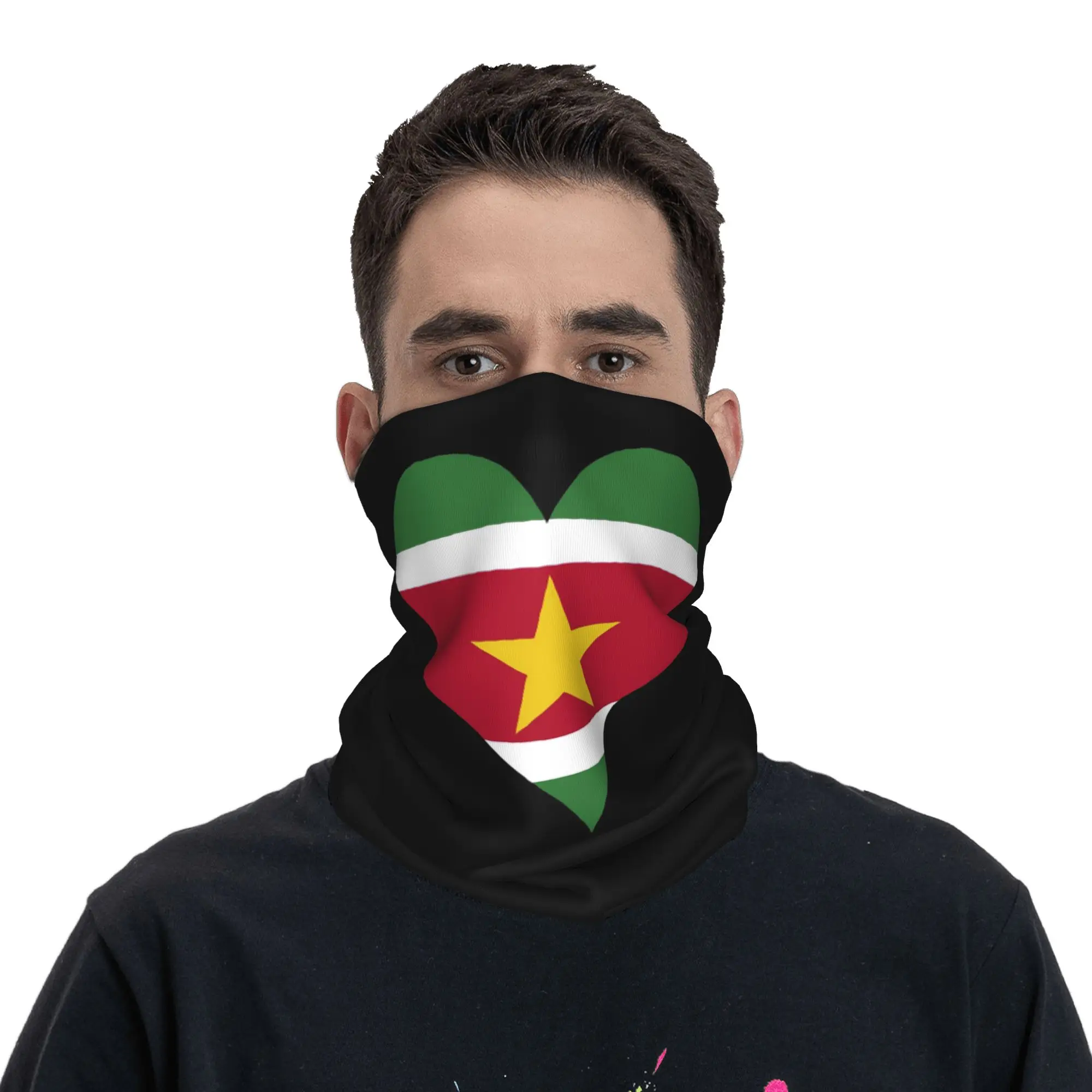 Bandana, cache-cou, masque, foulard, couvre-tête imprimé avec le drapeau du Suriname, symboles Cœur, Unité, Progrès, Espoir, respirant, pour la pratique de sports et activités, pour hommes et femmes