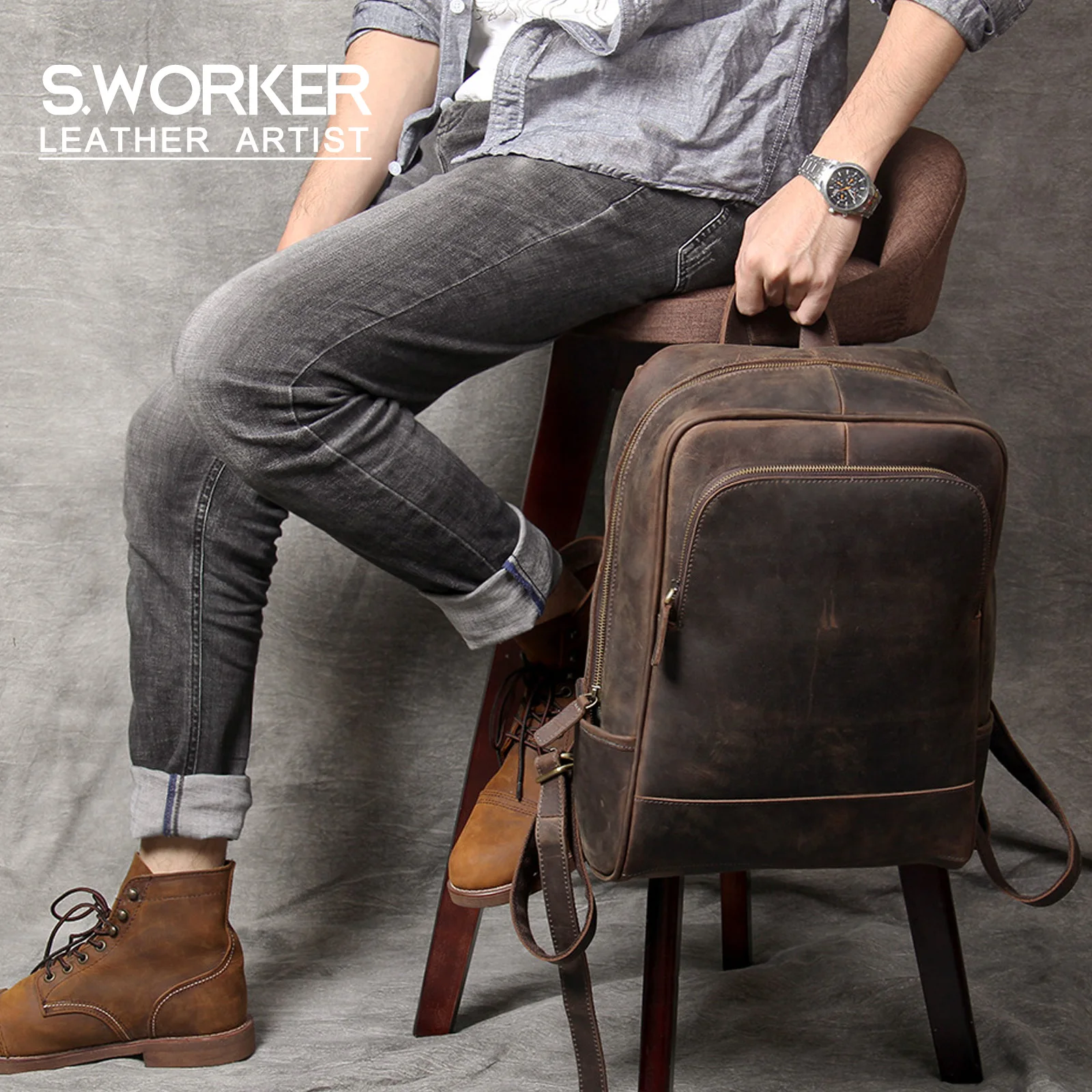 S.WORKER Vintage Echtleder Herrenrucksack Laptop-Tasche Casual Crazy-Horse Leder Schultasche Outdoor Weekender-Tasche – Detail 2
