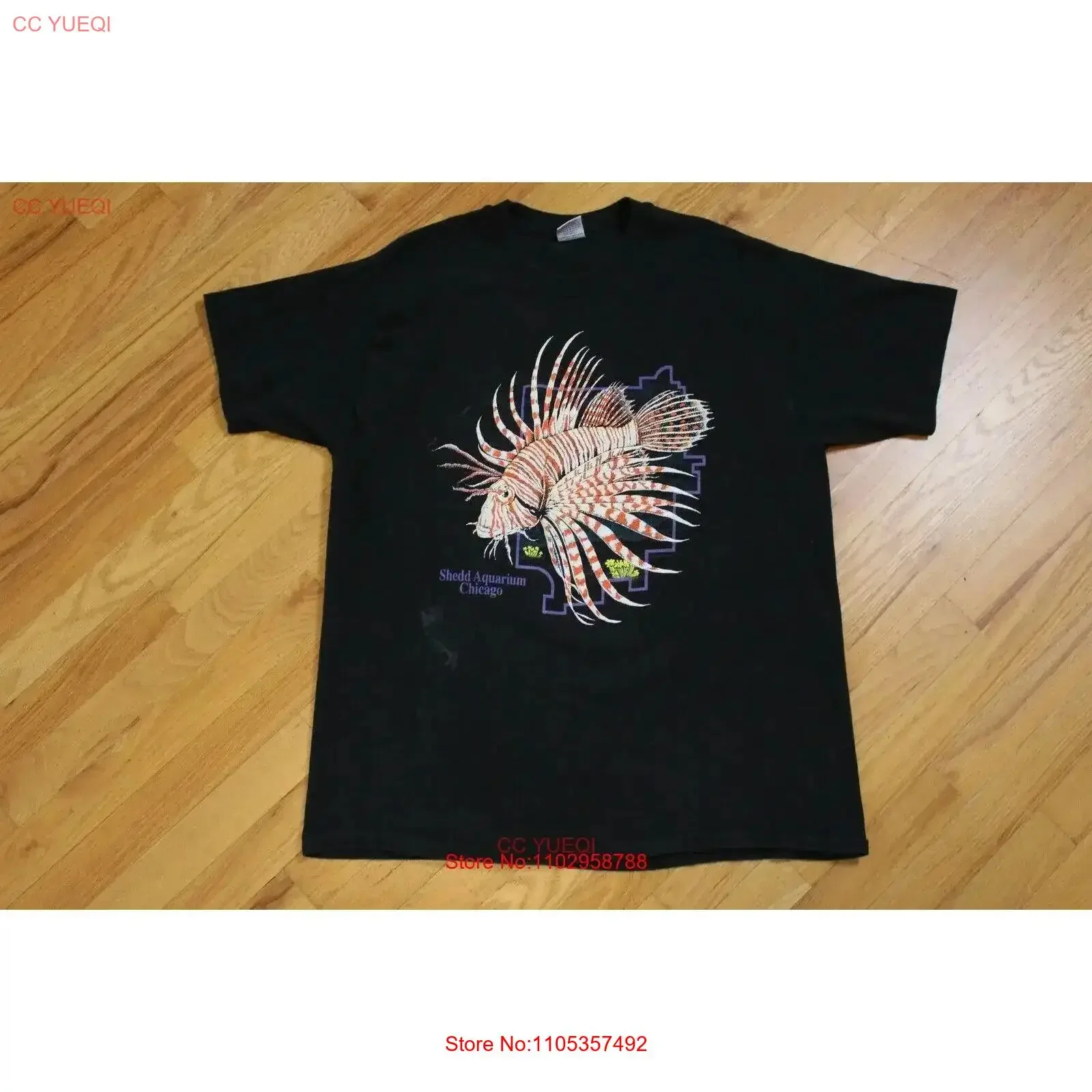 Vintage 90s Shedd Aquarium Chicago Lion Fish Puff Print Black T Shirt XL VTG vintage Washed Slightly homme Breathable Unisex