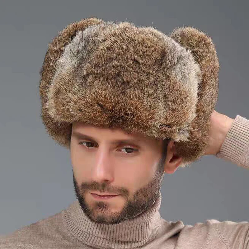 

Men's Caps Warm Natural Rabbit Fur Bomber Hat With Earflaps Winter Hot Sale Unisex Warm Russian Ushanka Hat Real Rabbit Fur Hats