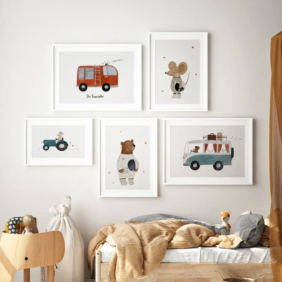 

Space Bear Mouse Rocket Submarine Bus Vehicle Numbers Alphabet Wall Art Canvas Posters Prints Wall Pictures Baby Kids Room Decor