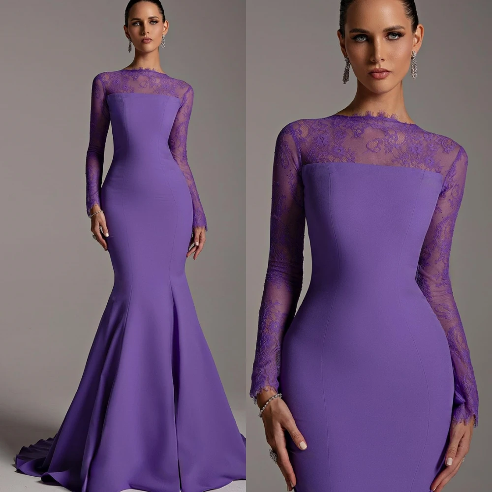 Vestido de noche de sirena de Jersey de manga larga con cuello barco personalizado, vestidos de fiesta con tren de barrido, vestidos para ocasiones especiales con temperamento