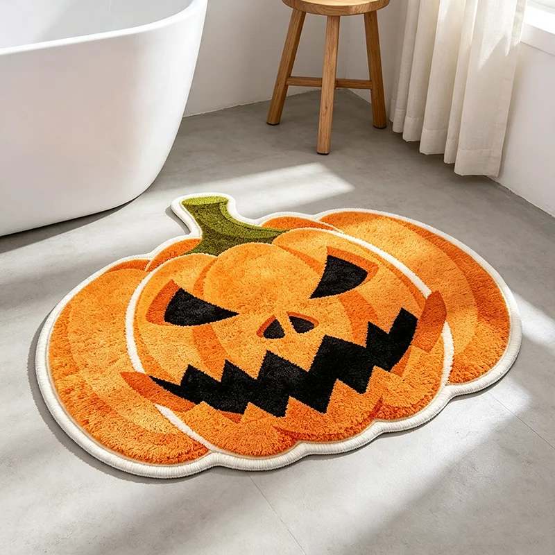 VIKAMA Irregular Pumpkin Face Bath Rug Soft Non‑Slip Floor Mat Halloween Holiday Style For Shower Room Bedroom Entry Home Decor