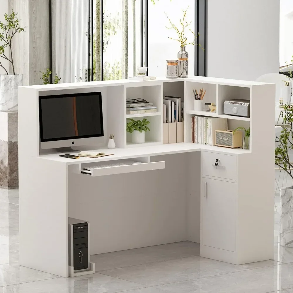 Reception Desk L-Shaped Office Desk with Counter, 1 Door Storage Cabinet, 1 Lockable Drawer, Hutch Shelf & Keyboard Tray