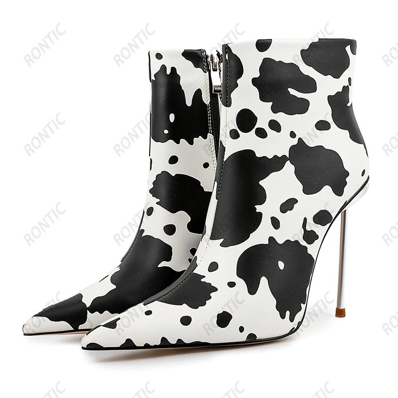 Rontic Women Winter Ankle Boots Faux Leather Sexy Stiletto Heels Pointed Toe Elegant Cow Pattern Club Shoes US Size 6-13