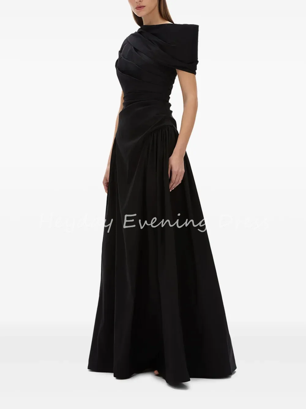 全盛期サテン A ラインワンショルダーネックフロアレングスドレープシンプルなイブニングドレス女性のための 2025 プリーツフォーマルウエディングドレス
