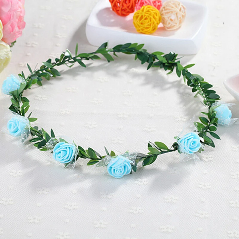 Women Floral Wreath Pink Rose Flower Crown Girls Bohemia Garland Headpiece with Adjustable Ribbon Bridal Wedding Accessories