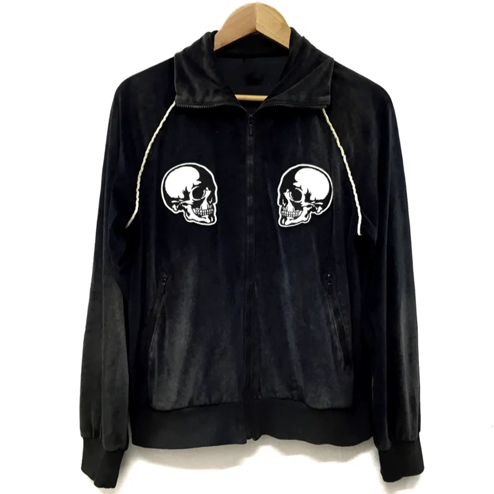 Velvet Skull Embroidery Zipper Jacket Outerwear Loose Fit Youth Fashion Sport Spring Autumn Winter Unisex Long Sleeve Short Coat