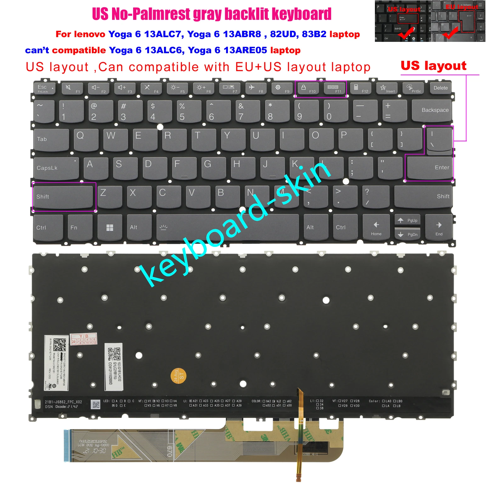 New US Backlit Keyboard For Lenovo YOGA 6 13ALC7,82UD,YOGA 6 13ABR8,83B2 laptop