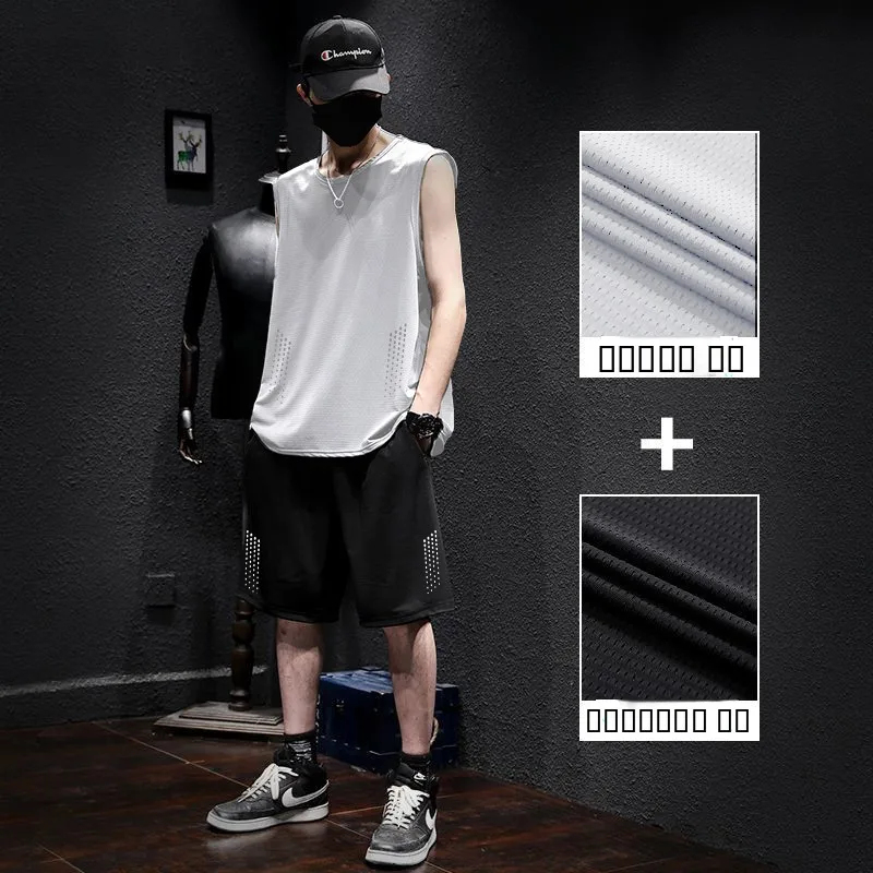 

Ice Silk Qui Dry Sports Set Men Summer Vest orts Fitn Running Thin Breathable Five-Part Pants Trendy Polyester Fiber
