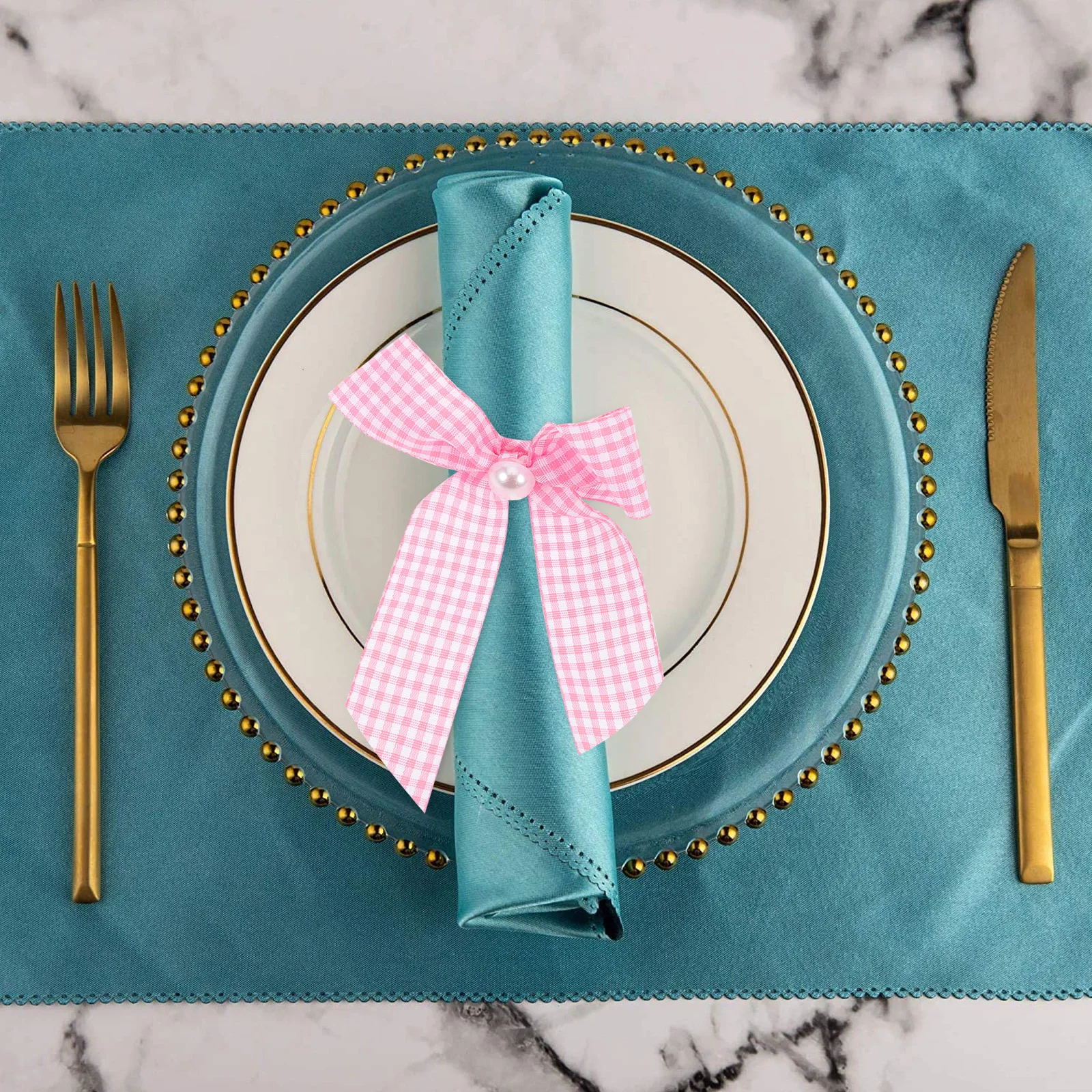 

12Pcs Pink Gingham Bow Napkin Rings Shower Wedding Bridal Brunch Faux Pearl Reusable Table Setting Rings