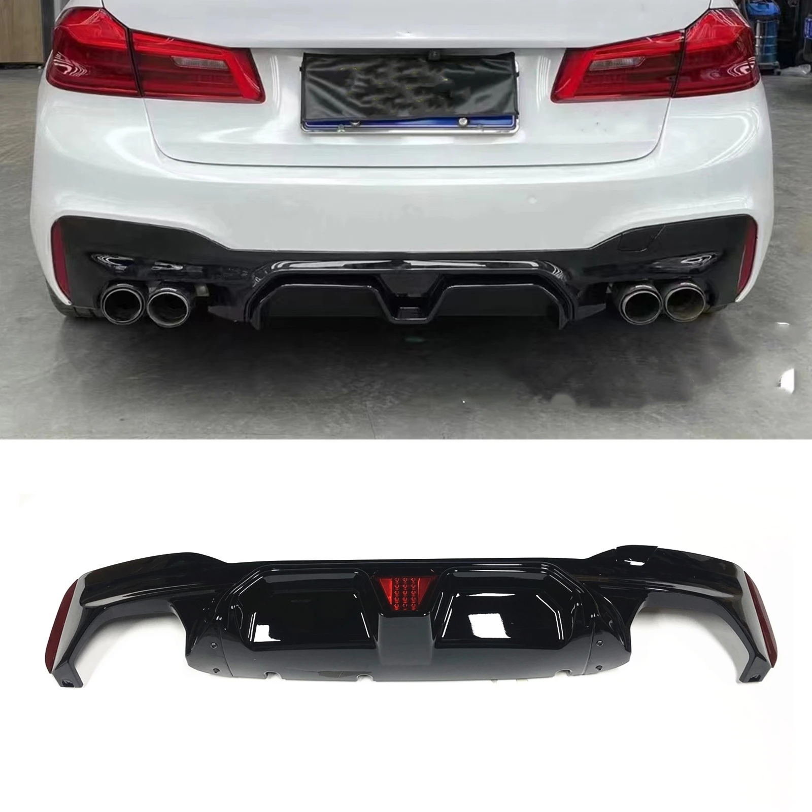 

For BMW 5 Series G30 G38 2017 2018 2019 2020 2021 M Sport Gloss Black/Carbon Fiber Look Rear Bumper Diffuser Lip W/ Lamp Spoiler