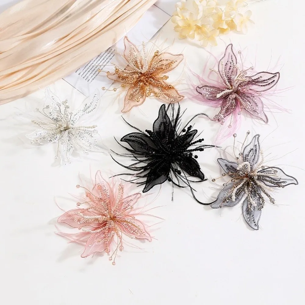 Vintage Sequin Lace Feather Hair Clip Mesh Beads Flower Hairpin Edge Clip Floral Bridal Wedding Headwear Photography