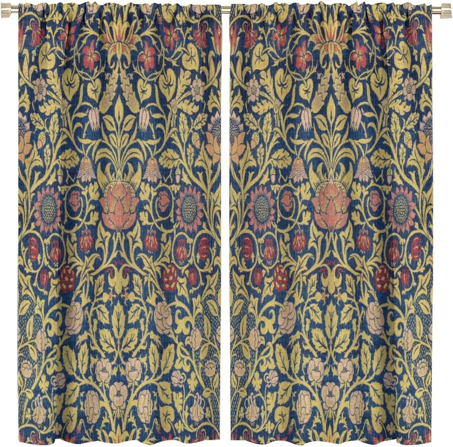 Retro Bohemian William Morris Plant Floral Blackout Window Curtains, Abstract Vintage Country Floral Leaf Pattern Print Window D