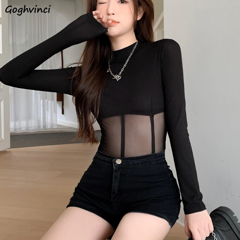 Long-sleeve T-shirts Women Summer Thin Gothic Sexy Slim Tops All-match Slouchy Attractive Sunscreen Daily Feminine Ulzzang New