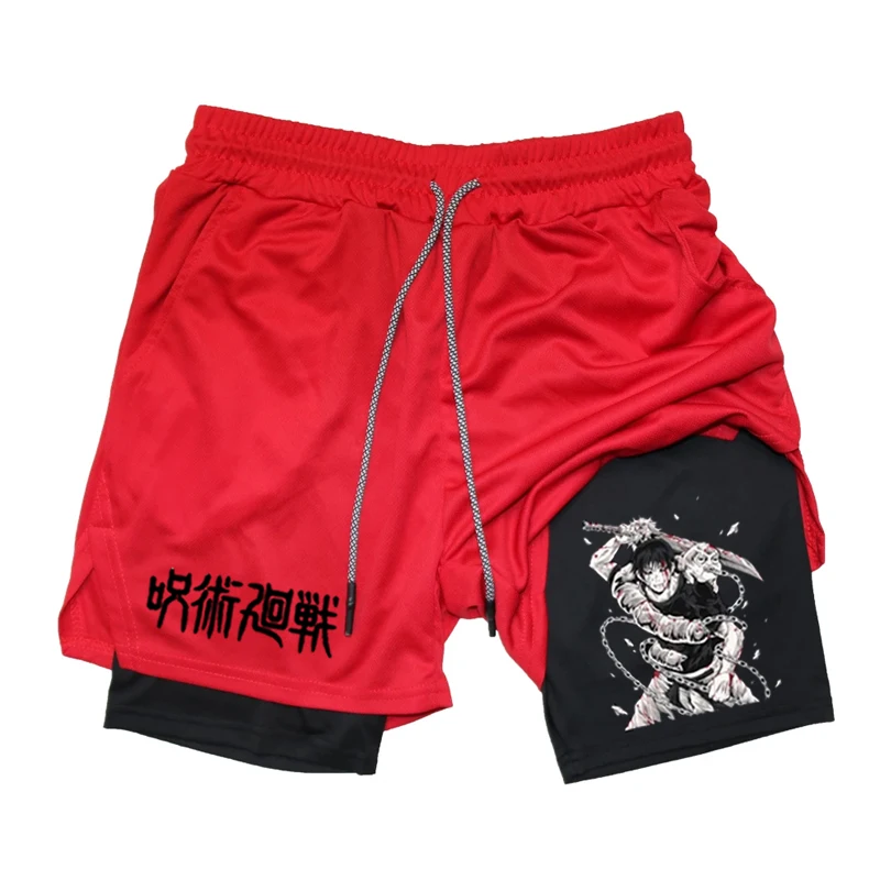 Anime Performance Shorts Toji Printed Men GYM Casual Sports Shorts Workout Running Mesh 2 In 1 Sport Short Pants