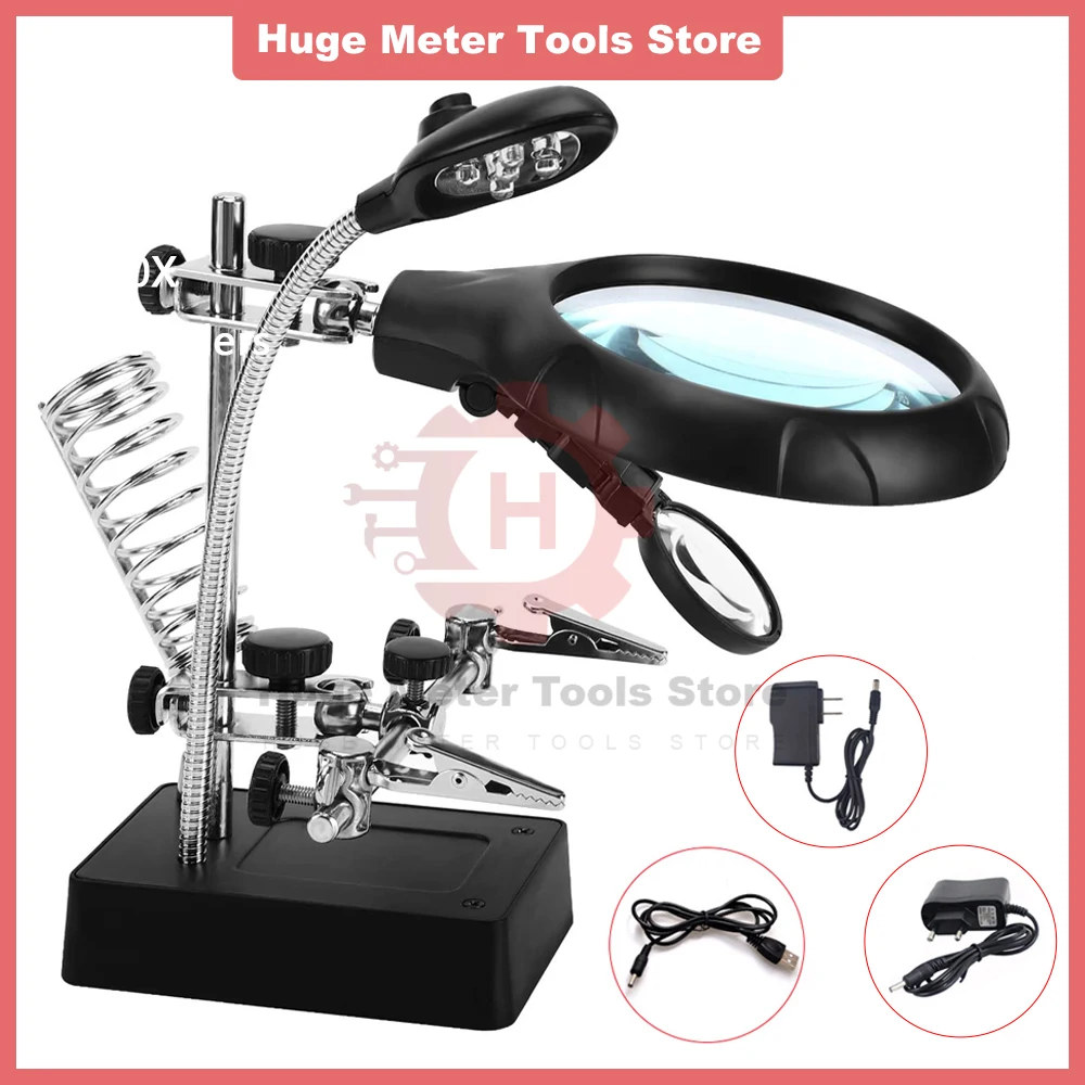 

2.5X 7.5X 10X Welding Magnifying Glass LED Auxiliary Clip Loupe Magnifier 3 In1 Hand Soldering Solder Iron Stand Holder Station