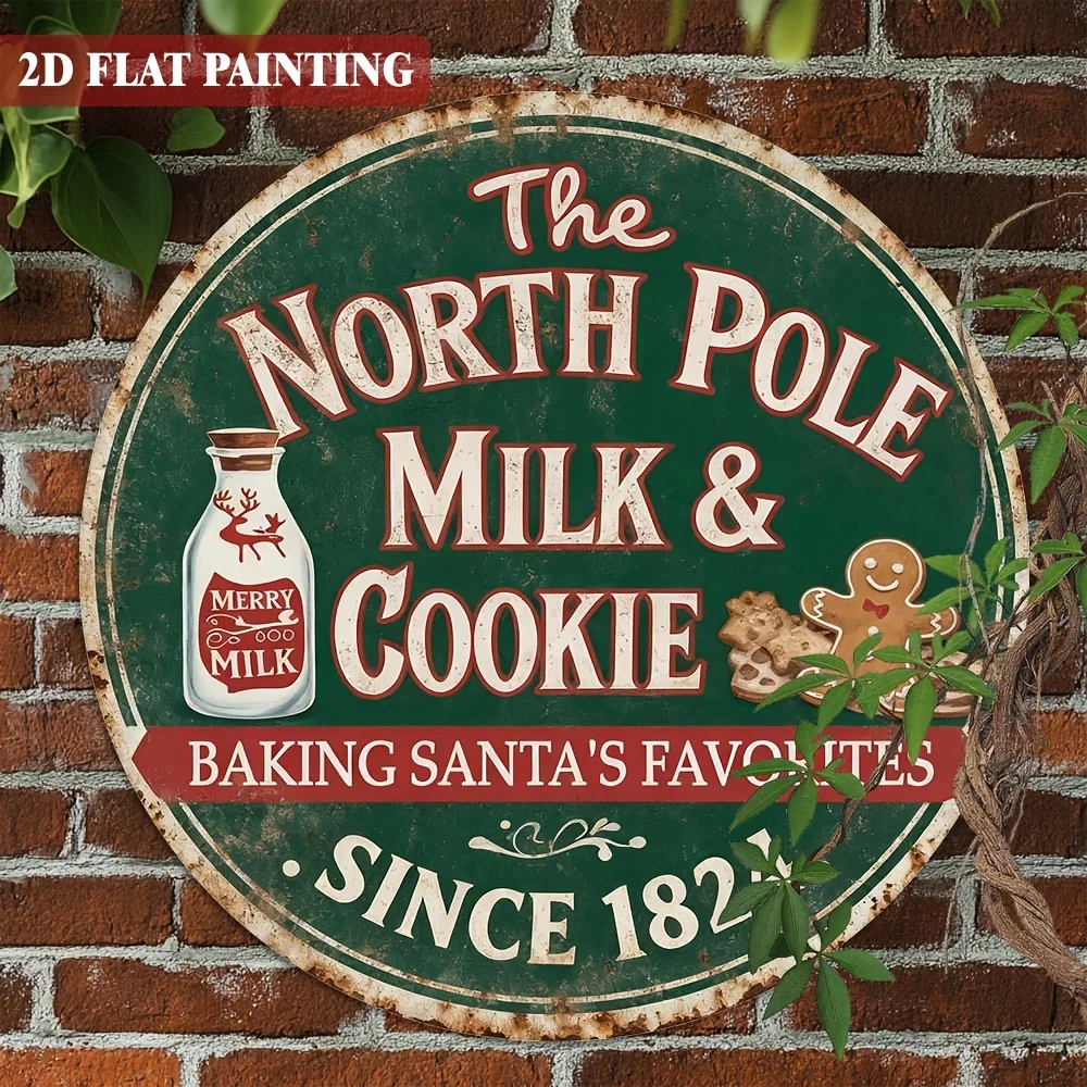 2D Flat - Round Aluminum Sign Featuring 'The North Pole Milk & Cookie Co', Measuring 8X8 Inches, Ideal for Festive Decoration in