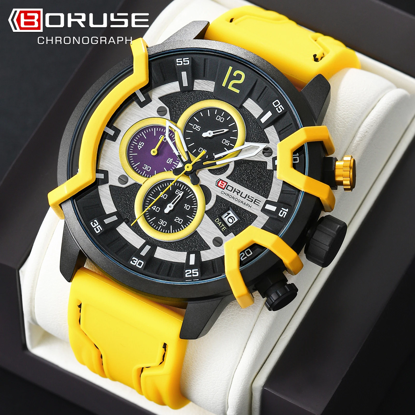 BORUSE Fashion Chronograph Yellow Men Quartz Wacthes  Luxury Male Silicone Wrist Business Calendar Waterproof Mens Watch