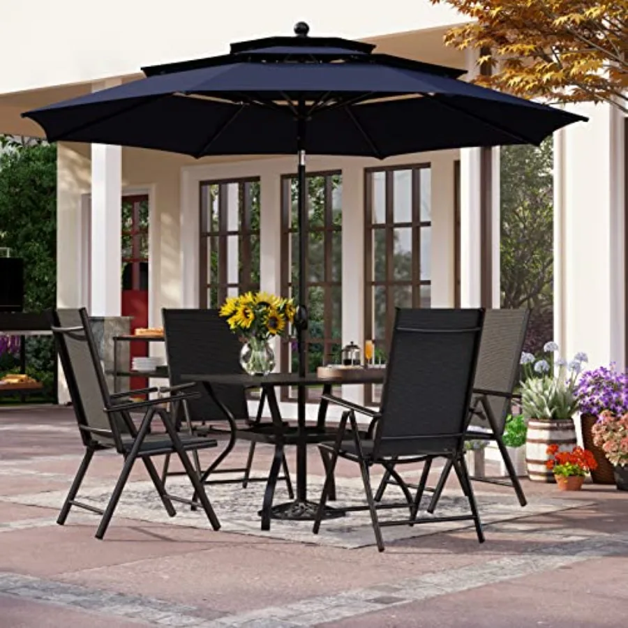 

5 Piece Outdoor Dining Set with 10ft Umbrella Navy Blue Metal Square Dining Table and Lightweight Folding Chairs for Metal
