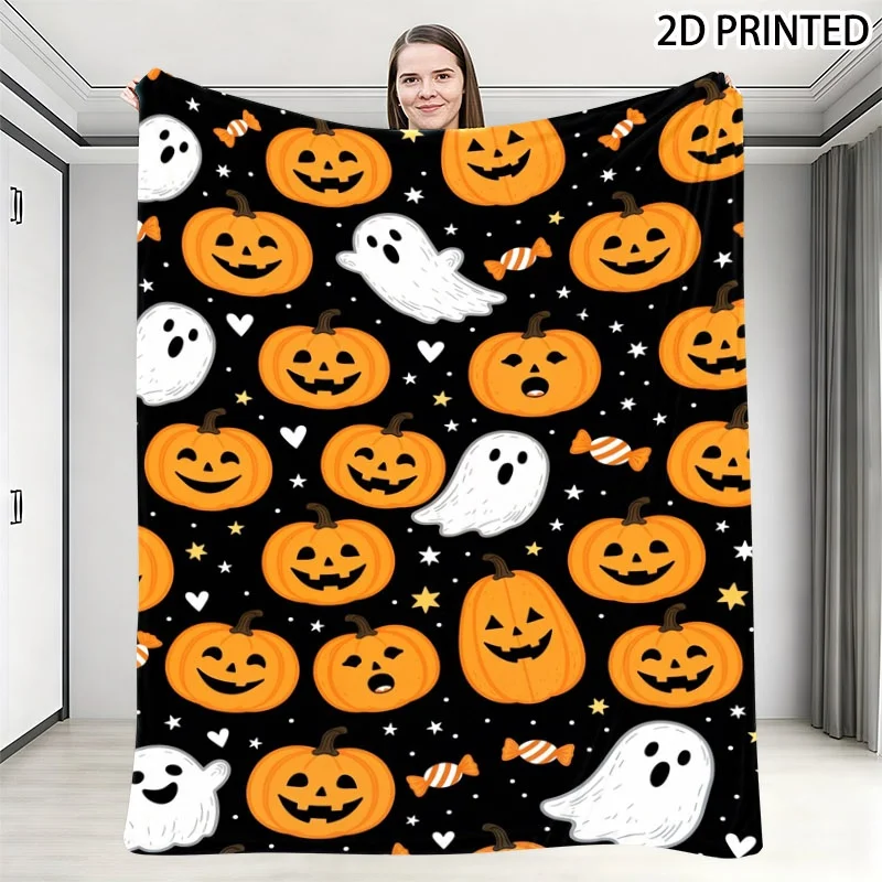 Playful Halloween Jack-o'-Lantern & Print Throw Blanket, Festive Fall Decor Cover with Orange Striped Candies & Star Heart Accen