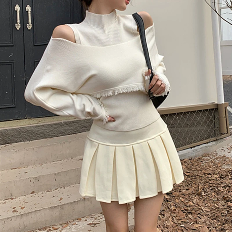 

Korean Vintage Tassel Two Piece Women Y2K Off-The Shoulder Long Sleeve Pullover Spring Autumn Chic Trend Streetwear Knitted Tops