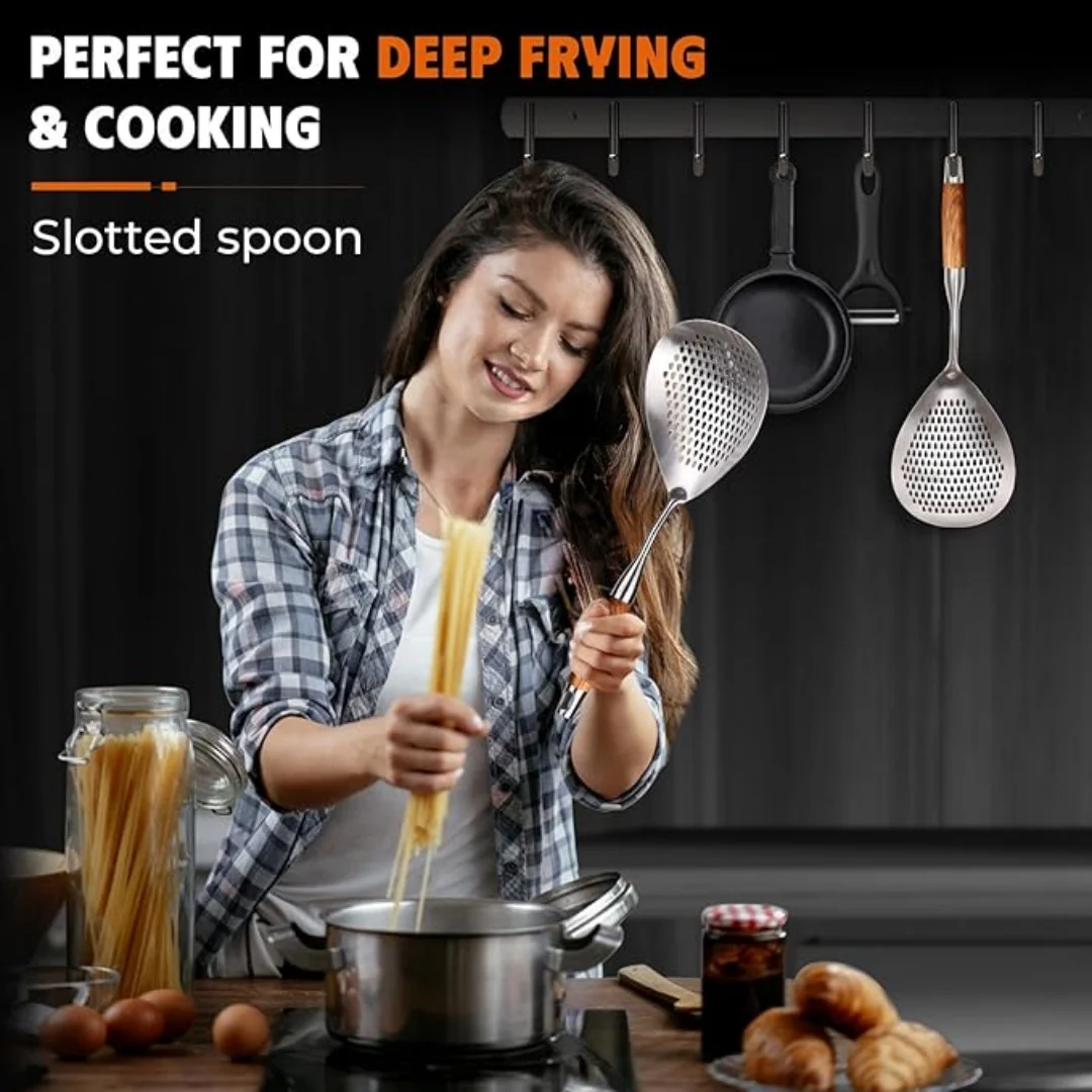Large Stainless Steel Slotted Spoon - Wooden Handle Skimmer Spoon for Draining Pasta, Noodles, Fried Foods & Hot Pot view 5