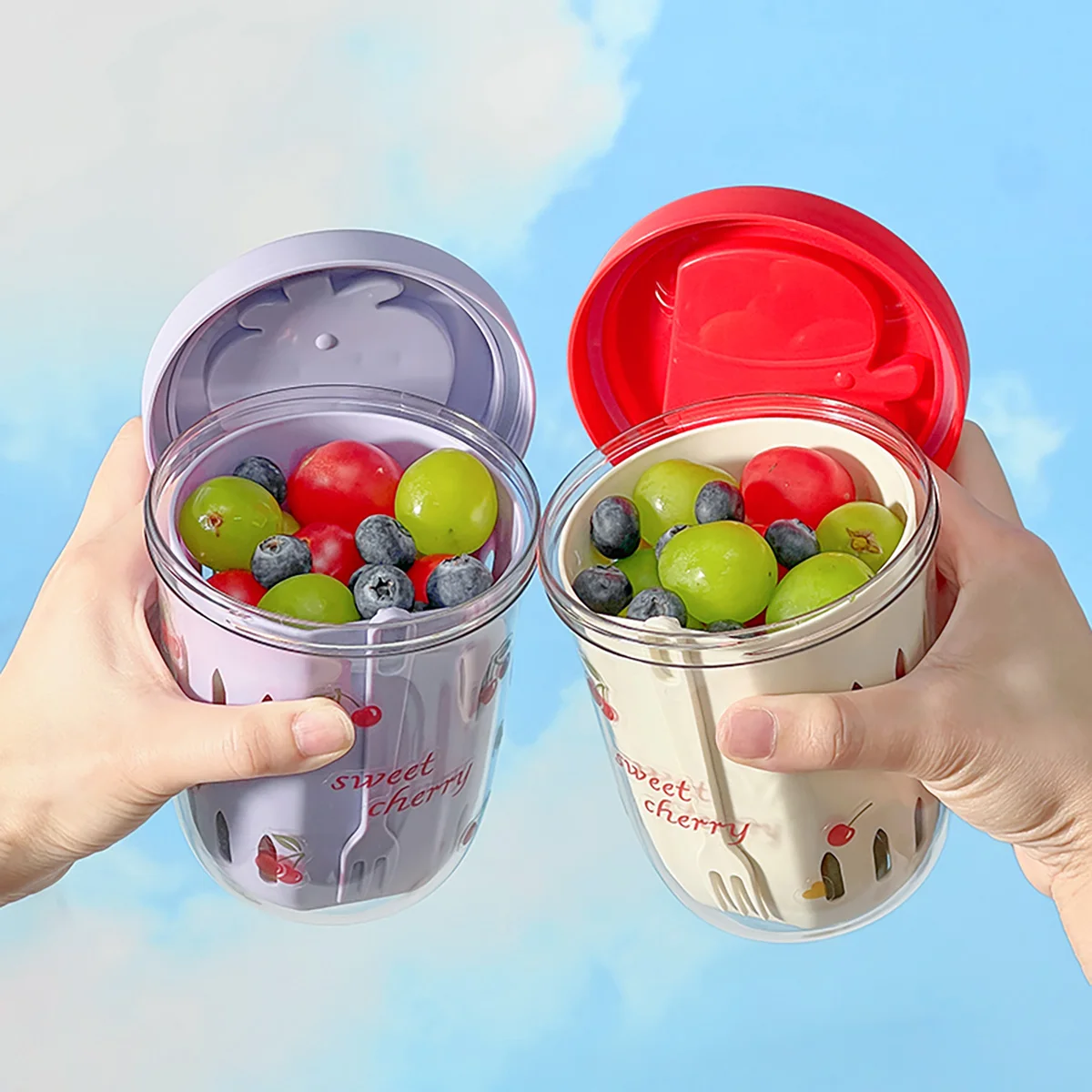 WORTHBUY Doppelwandiger Salatbecher, tragbarer, auslaufsicherer Haferbehälter mit Gabel und Griff, Abfluss-Obstbecher, niedlicher Frühstücksbecher für Studenten – Detail 3