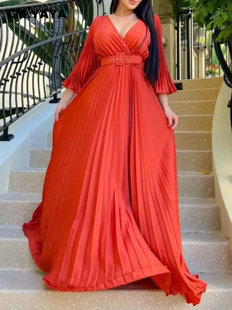 CM.YAYA Pleated Wraped V-neck Flare Sleeve Big Swing Floor Length Maxi Long  Dresses Women Autumn Winter Party Prom Dress - AliExpress 200000345