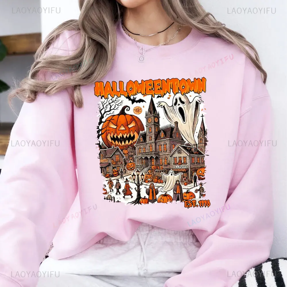 Retro Halloween Town College Pumpkin unisex Sweatshirts Fashion O-Neck Sweater Halloween Town Scary Pumpkin Ghost Graphic Jumper