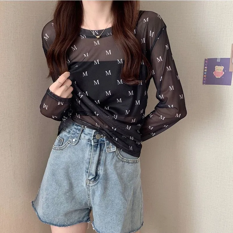 Estilo coreano malha de seda gelo protetor solar topo feminino verão manga longa camiseta moda solta ajuste praia cobrir casual interior wear